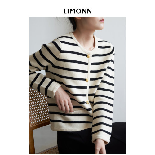 LIMONN百搭条纹小香风针织开衫女金属扣时髦气质外套秋装新款