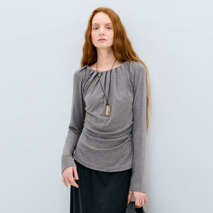 内搭 显瘦显白百搭通勤长袖 浅灰一字领上衣女 领口褶抽褶收腰