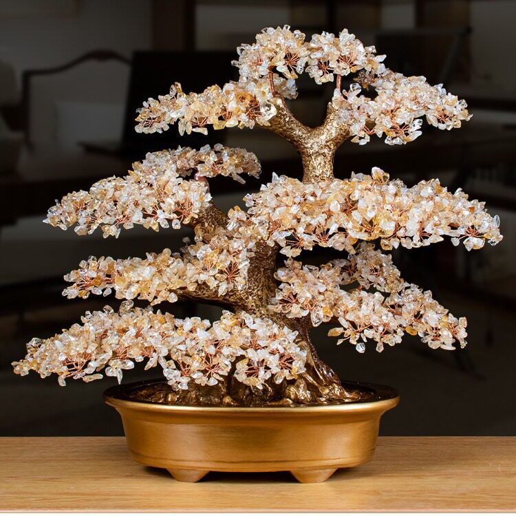 天然黄水晶招财树摇钱树酒柜电视柜装饰礼品开业客厅家居创意摆件