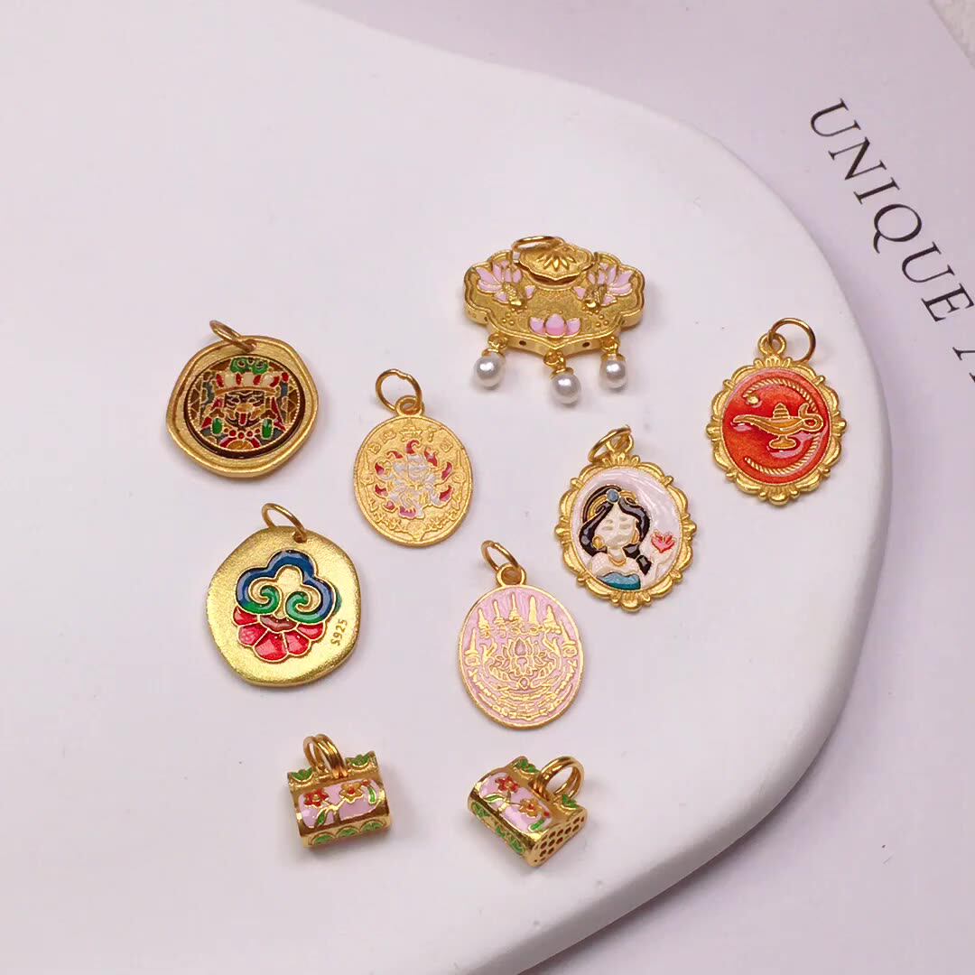 通体纯银镀金烧蓝美人鱼白雪公主吊坠 项链手链手串挂件DIY饰品