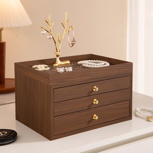 首饰品收纳盒耳饰环钉戒指项链木质制高级感档精致三层首饰盒