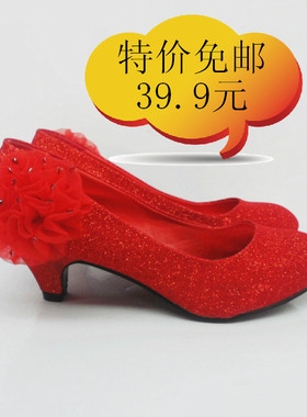 2017中跟结婚红鞋子花朵红色大码