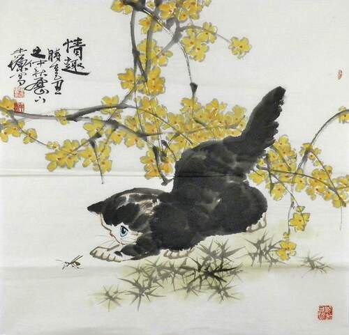 国画猫花鸟动物画纯手绘字画中式客厅装饰画牛源四尺斗方墨竹GG