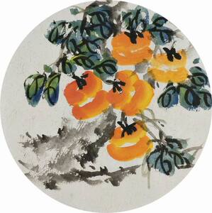 国画花鸟团扇手绘字画餐厅酒店装饰画无款小品柿子葫芦 直径33GG