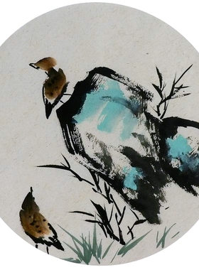 手绘字画装饰画新品I082053无款国画花鸟团扇圆形小品麻雀 直径33