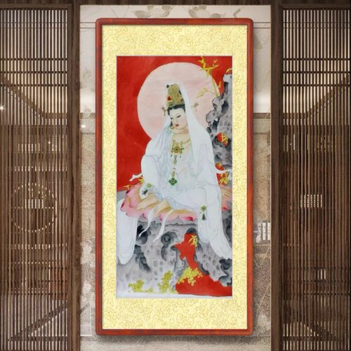 手绘国画工笔画观音菩萨玄关装饰
