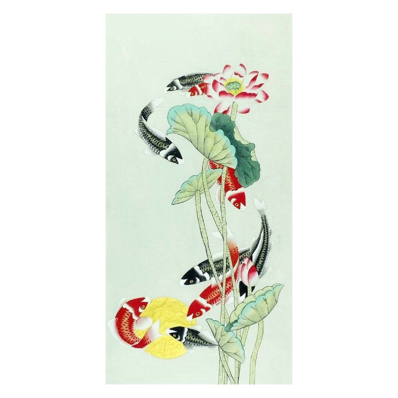 九鱼图工笔画无款国画手绘字画中式客厅装饰画四尺牡丹鲤鱼136GG