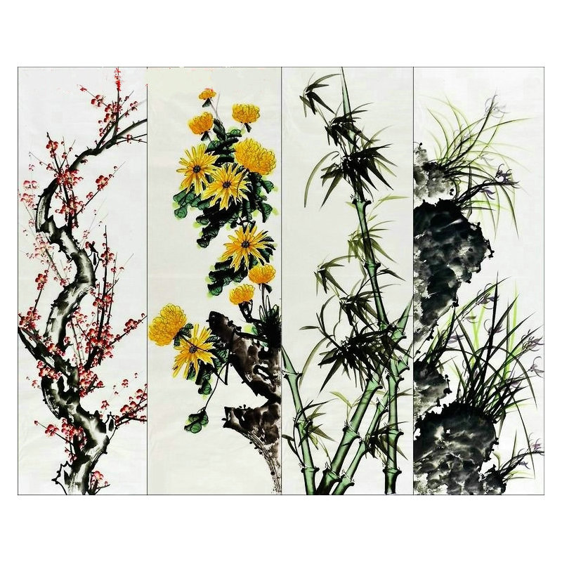 手绘国画梅兰竹菊四条屏作业手绘