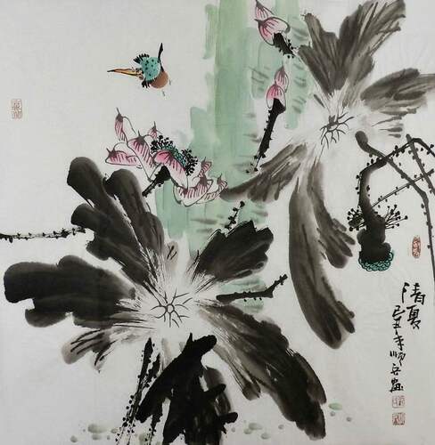 国画花鸟画荷花石榴柿子葫芦手绘字画装饰画热销刘顺兵四尺斗方GG
