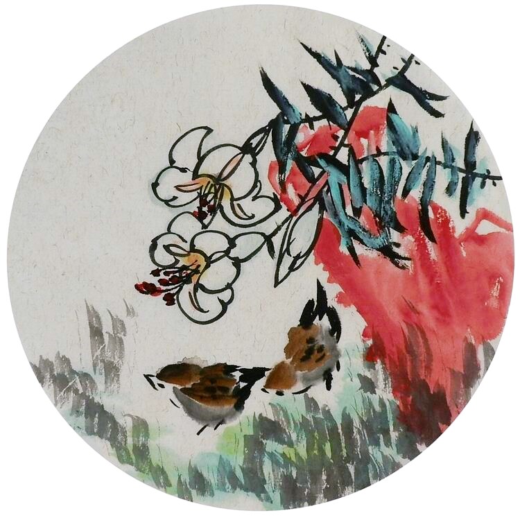手绘字画装饰画新品I082040无款国画花鸟团扇圆形小品麻雀 直径33