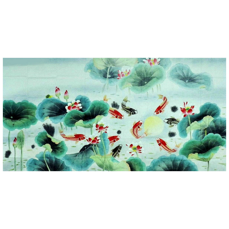 八尺工笔画花鸟九鱼图牡丹荷花国画纯手绘字画堂口画装饰画无款GG
