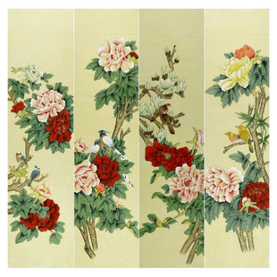 工笔花鸟画四条屏手绘字画装饰画无款国画牡丹荷花鲤鱼鹭鸶四尺GG