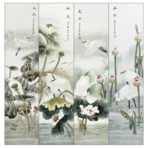 纯手绘国画工笔画四条屏花鸟中式