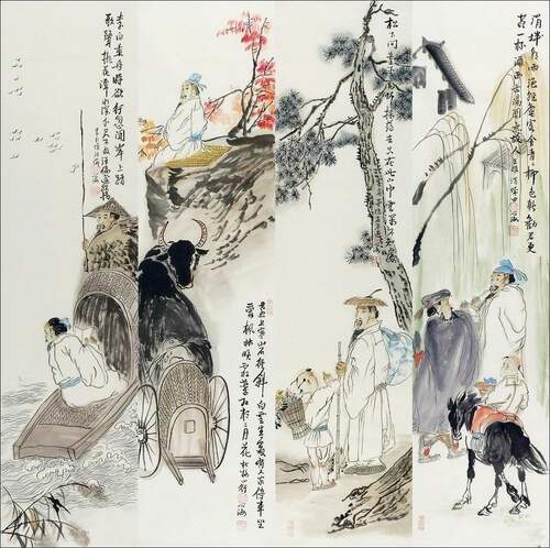 四条屏国画雅士琴棋书画纯手绘