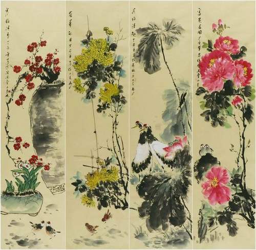 手绘国画四条屏花鸟装饰画客厅