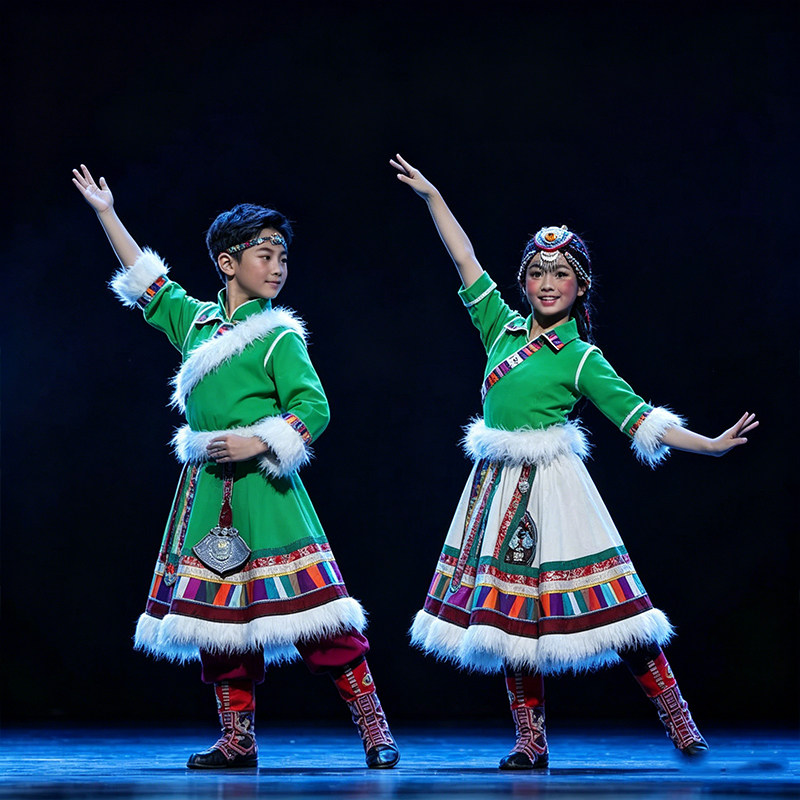 快乐节儿童藏族服装男女童绿色藏袍舞蹈演出服少数民族服定制
