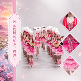 托云牧场的琴声群舞演出服女新疆少数民族舞蹈表演服装粉色