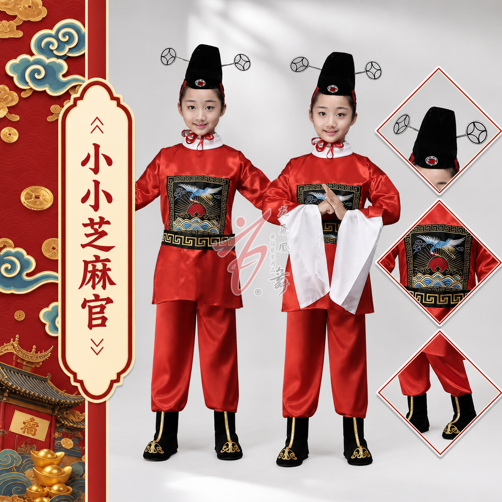儿童财神驾到演出服小小芝麻官红色京剧戏曲舞蹈服喜庆表演服