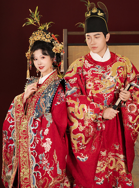 桃花序【百鸟朝凤】明制婚服重工中式嫁衣凤冠霞帔汉服男女款全套