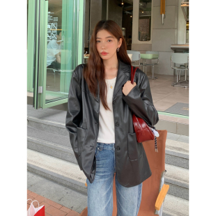 韩系复古休闲高级感夹克 春秋2026新款 Halo Luu黑色皮衣外套女西装