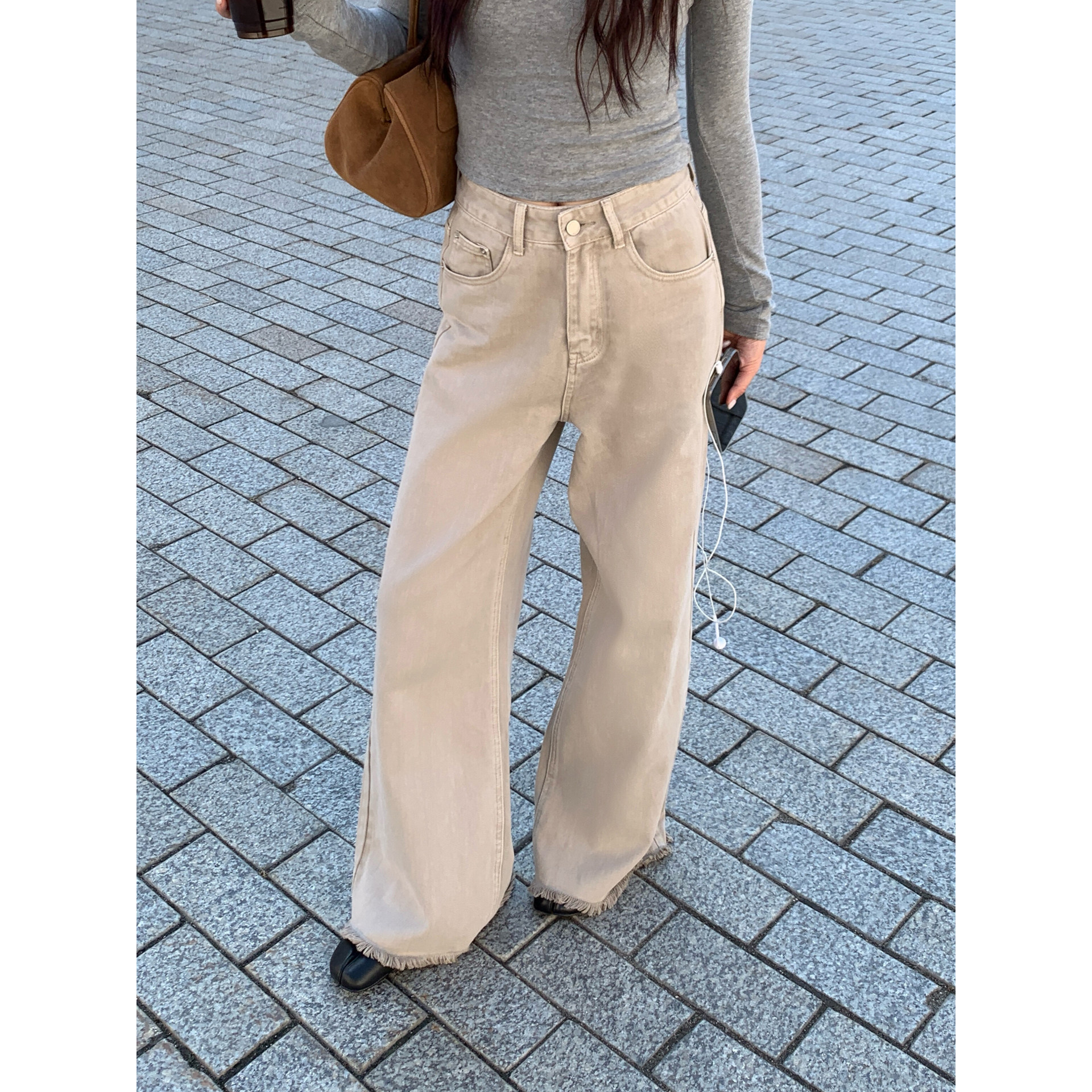 Halo Luu卡其色直筒牛仔裤女秋季做旧休闲毛边窄版显瘦拖地阔腿裤,女装/女士精品,牛仔裤,淘宝优惠券,粉丝福利购,淘宝优惠卷