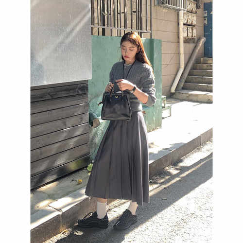 HaloLuu灰色百褶裙长款半身裙