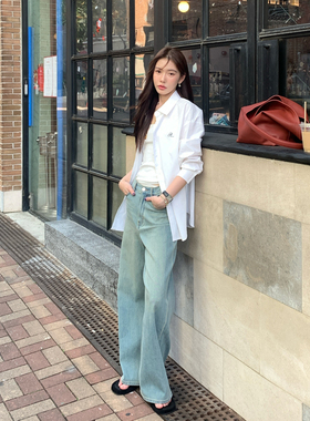 Halo Luu 水洗浅蓝色阔腿牛仔裤女夏季2026新款松弛感拖地直筒裤