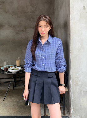 Halo Luu 藏青色百褶裙女春2026新款学院风高腰显瘦短款a字半身裙