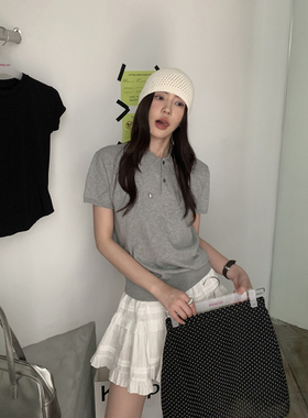 Halo Luu 灰色针织短袖polo衫女t恤夏季2025新款百搭刺绣经典上衣