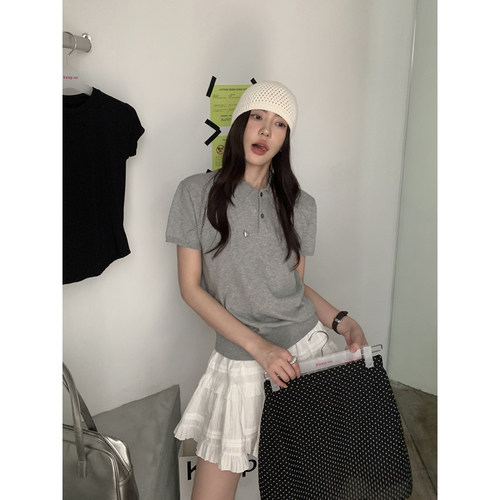 HaloLuu灰色针织短袖polo衫