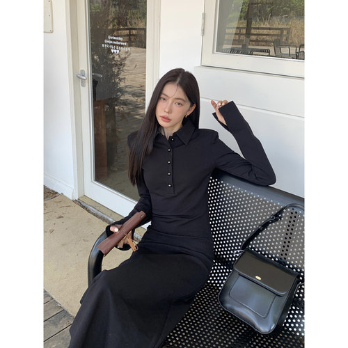 HaloLuu黑色衬衫连衣裙显瘦长裙