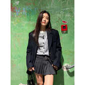 百褶裙女秋冬miu系双腰设计感短款 Halo Luu灰色条纹西装 a字半身裙