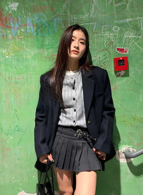 Halo Luu灰色条纹西装百褶裙女秋冬miu系双腰设计感短款a字半身裙