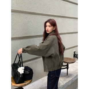 绿色休闲美式 Halo 麂皮夹克外套女早春新款 短款 显瘦复古上衣 Luu