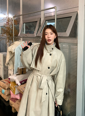 Halo Luu 白灰色皮风衣外套女春秋韩系油蜡皮气质高级感长款大衣