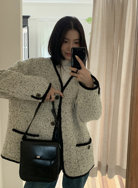 Halo Luu小香风毛呢外套女秋冬新款韩系宽松高级感粗花呢羊毛大衣