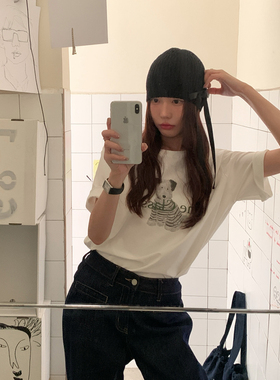 Halo Luu 白色短袖t恤女夏季2025新款韩系小狗印花慵懒风宽松上衣