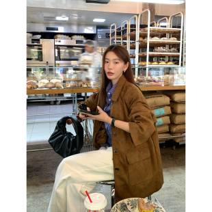 复古宽松中长款 新款 夹克 Luu美拉德棕色翻领麂皮绒外套女春季 Halo