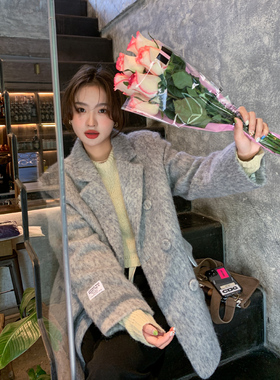 Halo Luu灰色毛呢西装外套女冬韩系巨好看夹棉加厚高级感呢子大衣