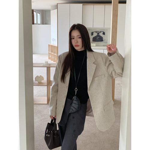 HaloLuu燕麦灰色毛呢西装外套女