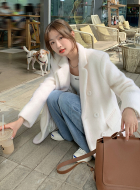 Halo Luu 羊毛白色毛呢西装外套女冬新款夹棉加厚高级感呢子大衣