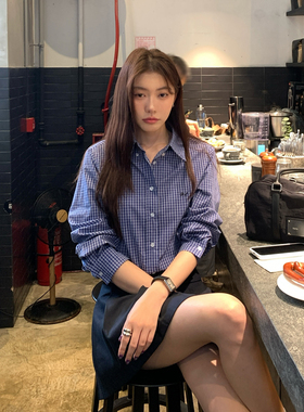 Halo Luu蓝色格子衬衫女秋季韩系上衣高级感休闲宽松复古长袖衬衣