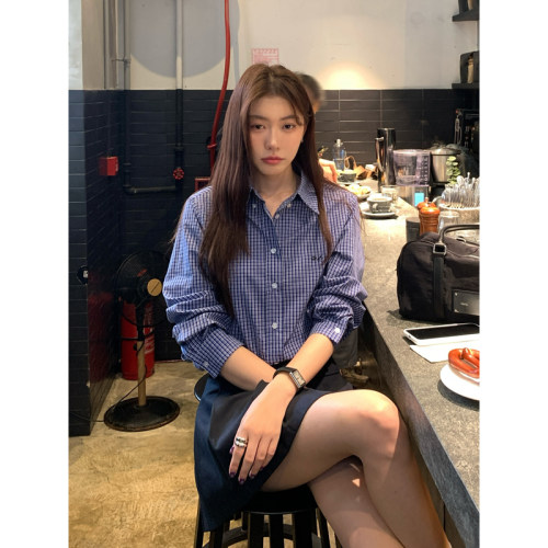 HaloLuu蓝色格子衬衫复古高级感