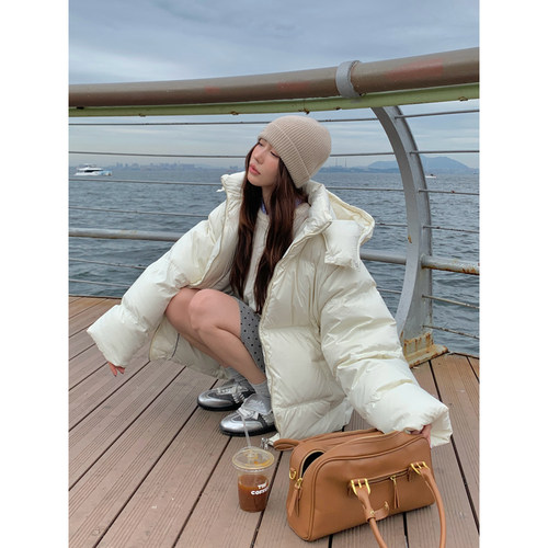 Halo Luu白色羽绒服女中长款冬季新款韩系连帽设计感面包服厚外套