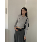 上衣短款 Halo 毛衣 新款 复古学院风修身 Luu灰色polo领针织衫 女秋季