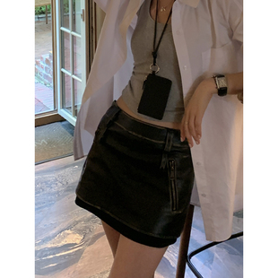 包臀裙子辣妹做旧复古短款 Halo 新款 黑色皮裙女春季 a字半身裙 Luu