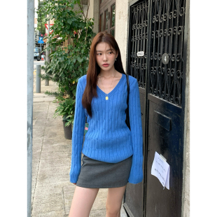 新款 蓝色v领麻花毛衣女春季 长袖 针织衫 上衣 Halo 韩系内搭修身 Luu