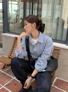 Halo Luu蓝色条纹衬衫女春季2026新款上衣韩系气质高级感长袖衬衣