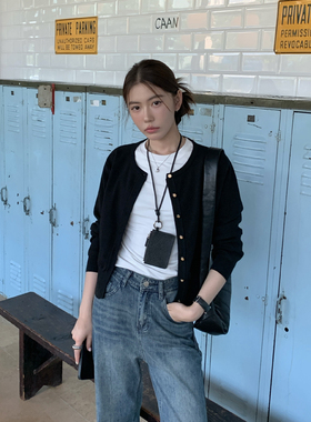 Halo Luu黑色针织开衫外套女秋季新款毛衣韩系设计感修身短款上衣