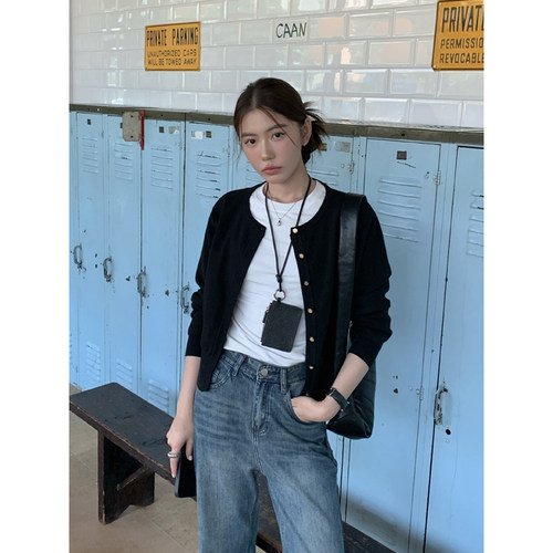 HaloLuu黑色针织开衫修身毛衣
